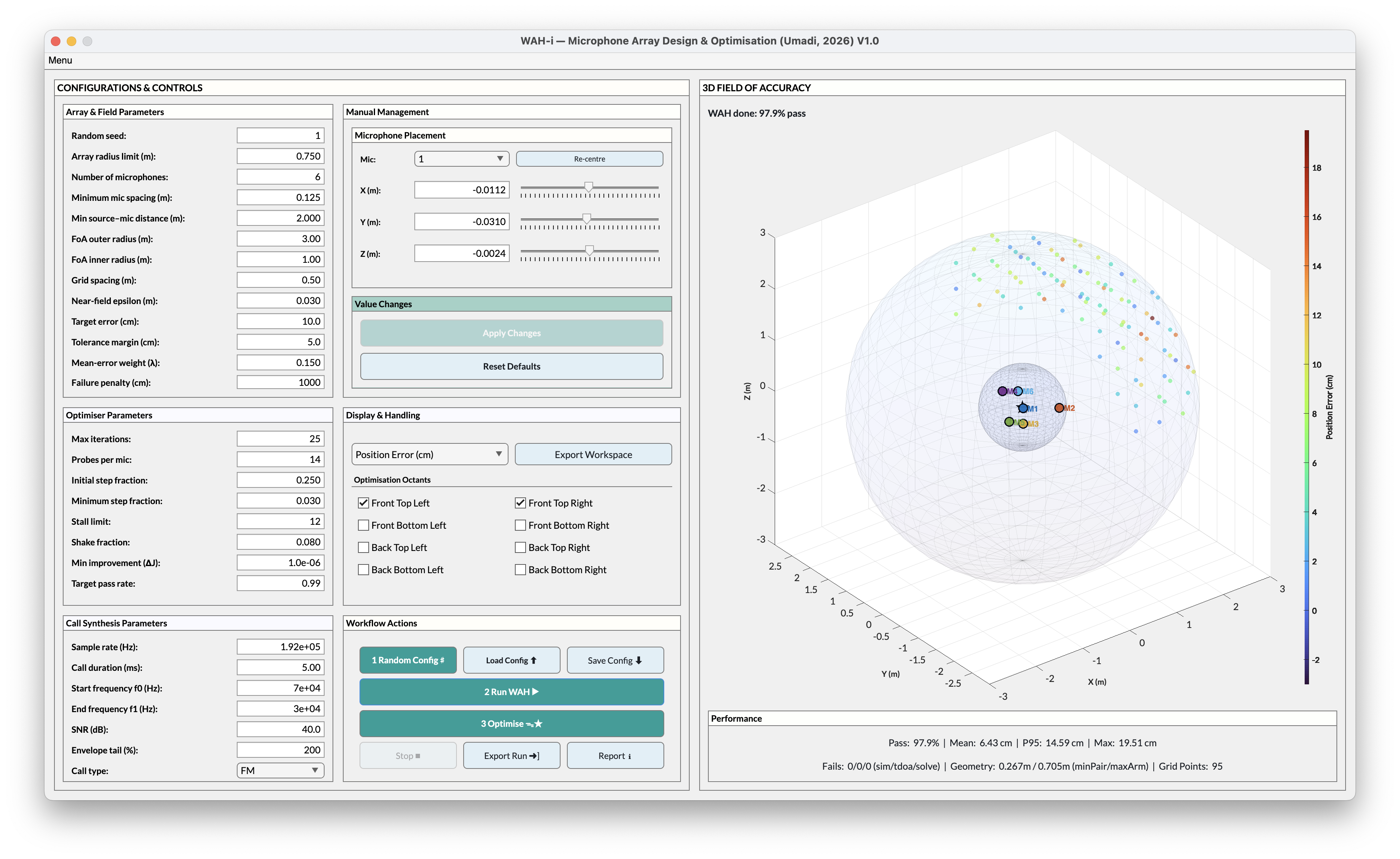 Example optimisation run showing pass-rate progression and geometry updates